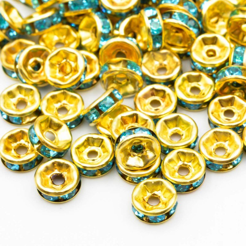 画像1: ビーズクラブ ロンデル メタルビーズ 金 平型 水色 45個 6mm メタルビーズ ブレスレット 金具 金属ビーズ パーツ (1)