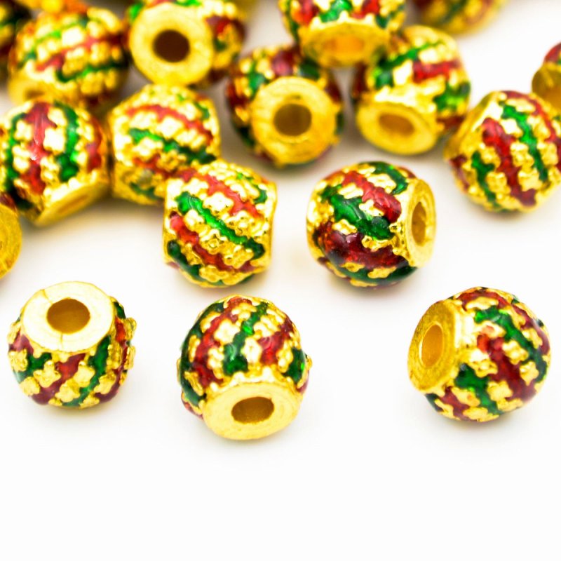 画像1: ビーズクラブ ロンデル メタルビーズ 金 たる 色付 赤緑 10個 11mm メタルビーズ ブレスレット 金具 金属ビーズ パーツ (1)